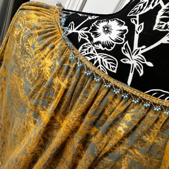 FREE PEOPLE Boho Burnout Cropped Top Turquoise Beaded 3/4 Sleeve Mustard Yellow - Picture 7 of 11